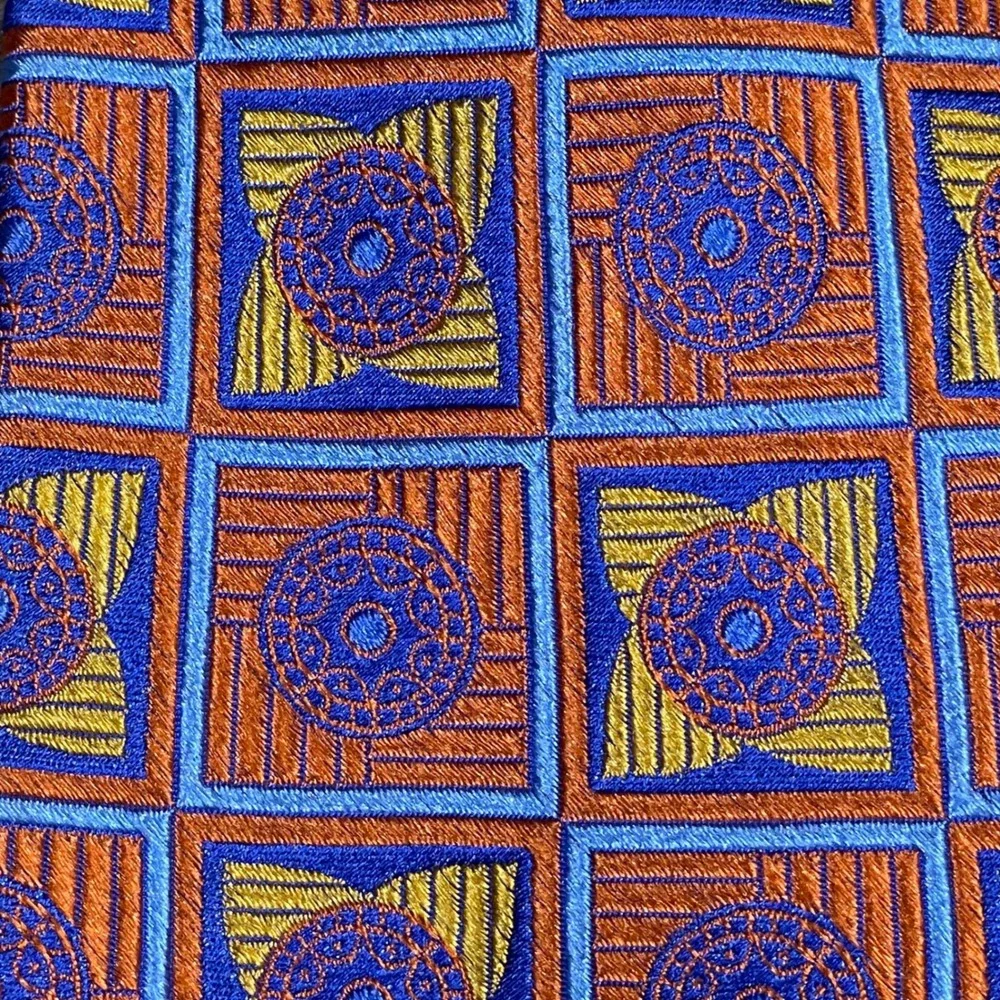 Nordstrom Men's Shop Silk Necktie OS Orange Blue Geometric Medallion Woven Tie